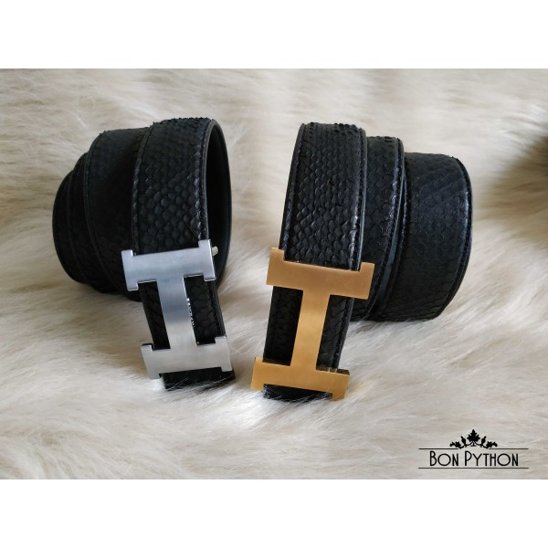 Ремень из кожи питона черный (фурнитура золото, серебро)